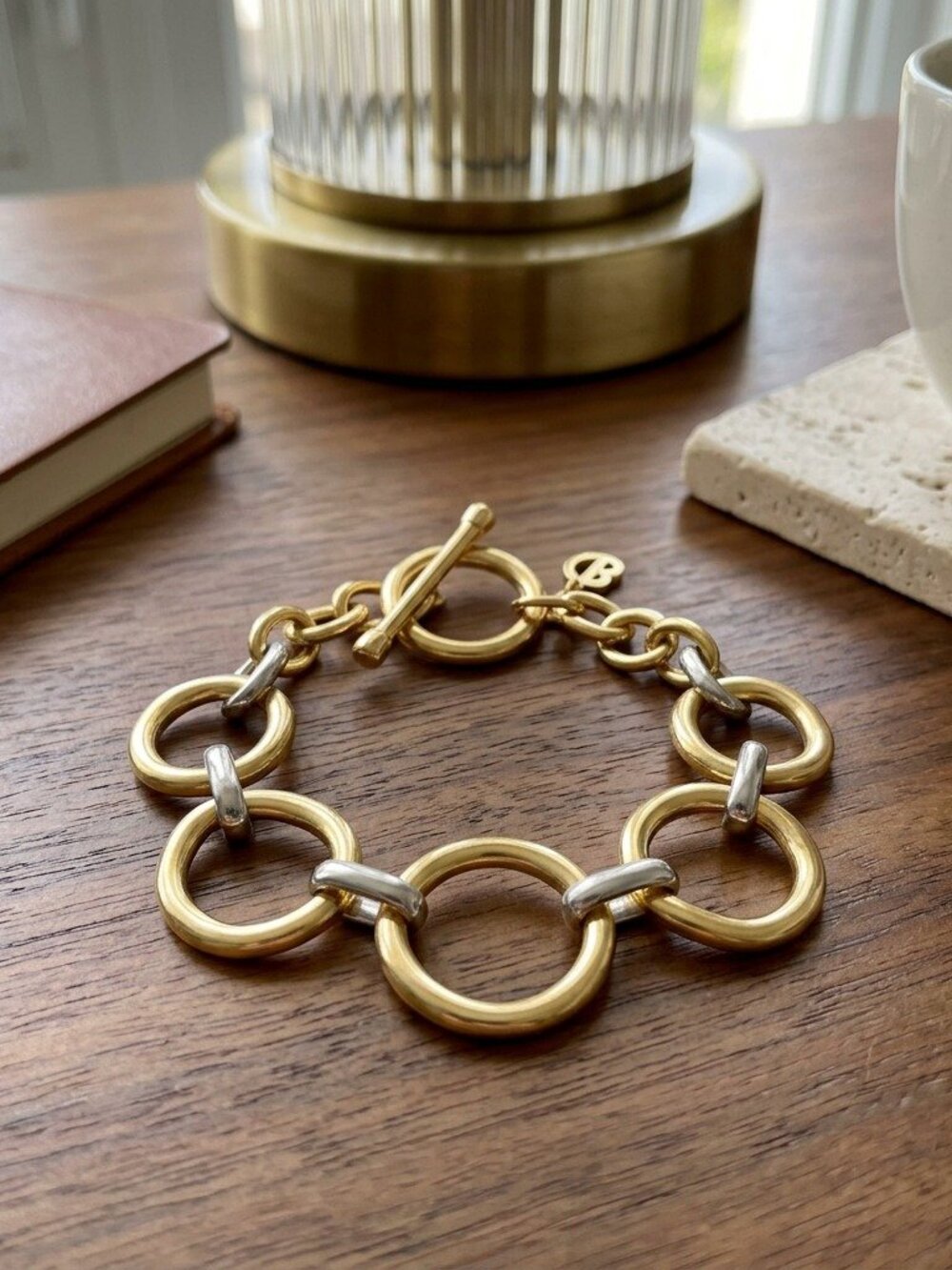 Two Tone Toggle Bracelet Gold Silver Chain Chunky Statement Gift